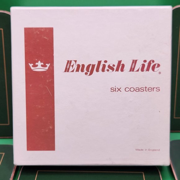 English Life Set Of Six 6 Coasters Christmas Horn Green Boxed Made In England - Picture 6 of 6
